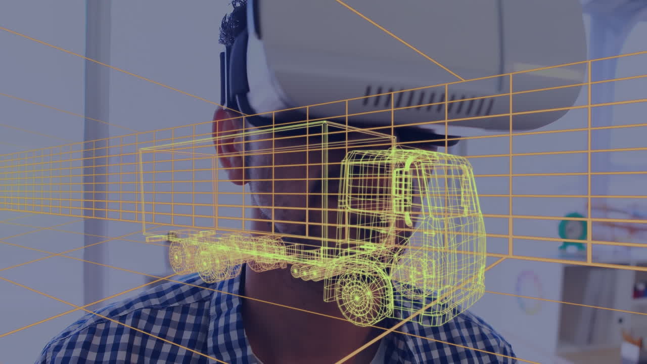 animación de dibujo 3d digital de un coche sobre un hombre usando auriculares vr