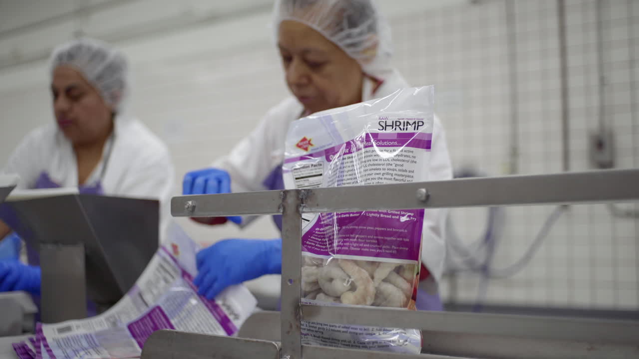 Food processing plant workers packaging shrimp