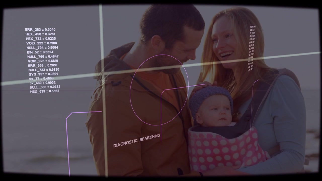 Father and mother leaning toward infant at shoreline, medical HUD initiating scan crosshair target