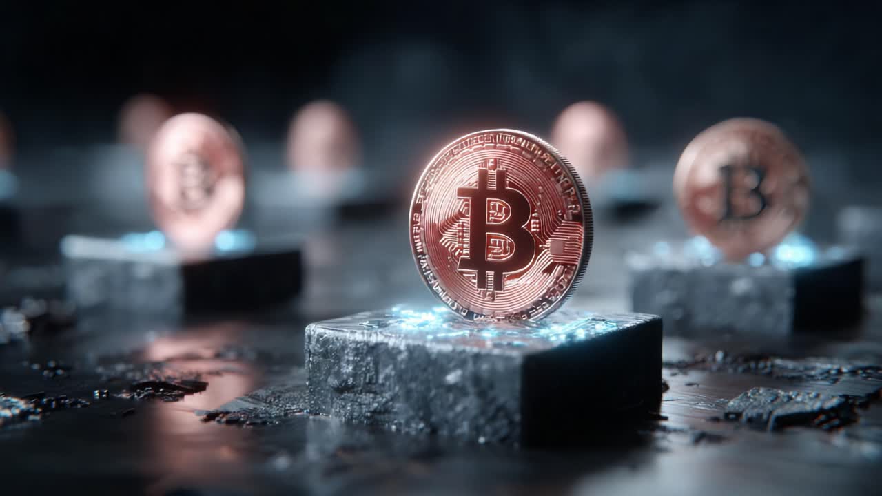 Intricate Display of Bitcoin Coins on Dynamic Blockchain Background Highlighting the Technological Advancement and Digital Currency Revolution