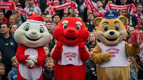 colorful mascots entertaining the crowd at a sporting event, bringing joy and spirit to the fans with their energetic presence and playful representations