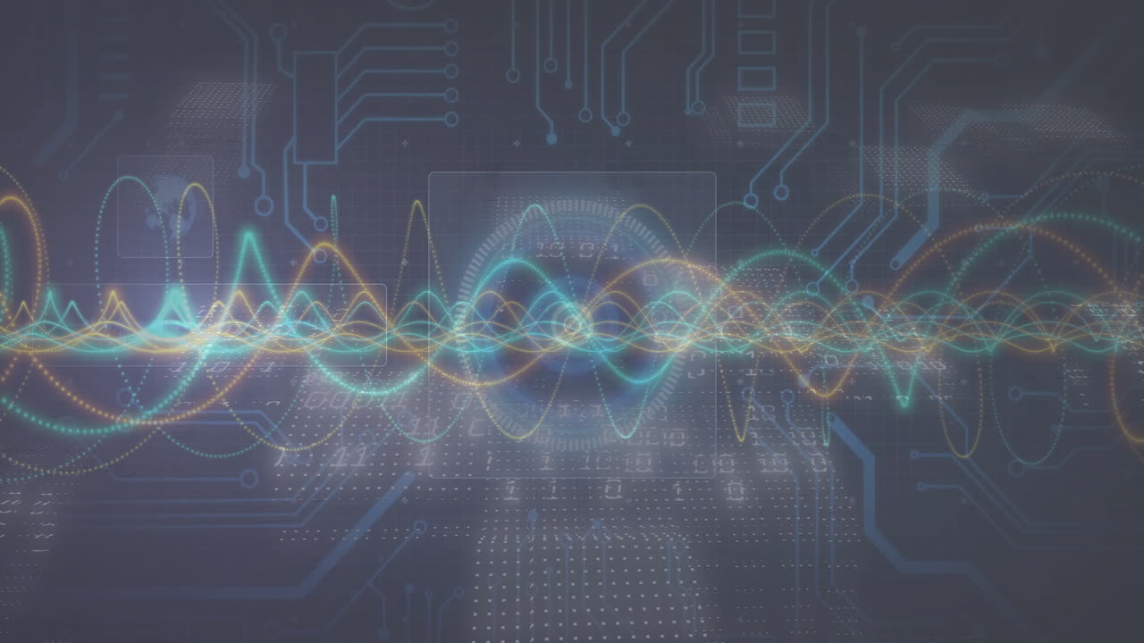 Animation illustrating digital technology with colorful waveforms and circuit patterns