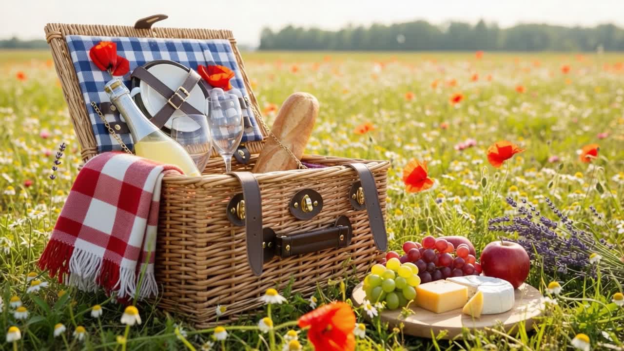 A picturesque picnic scene featuring a classic wicker basket filled with gourmet treats, surrounded by vibrant wildflowers under a radiant sky, inviting relaxation and enjoyment