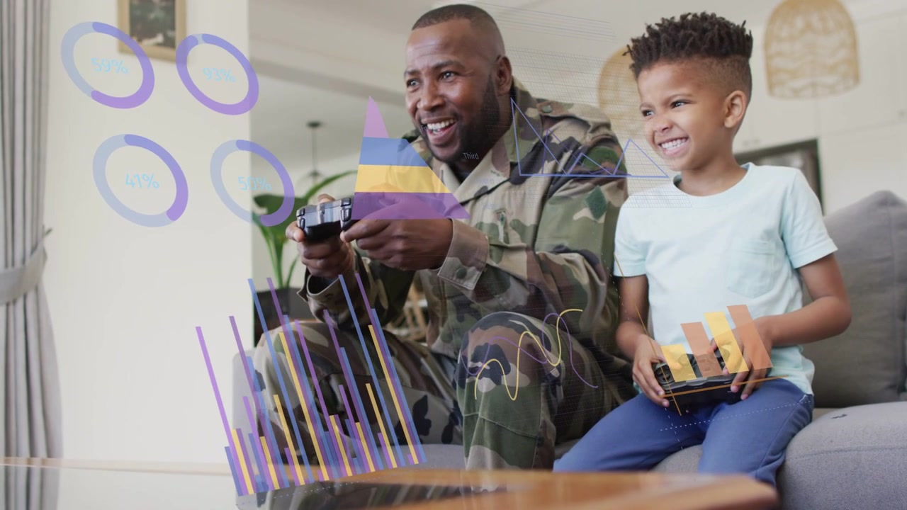Papà e figlio che premono i controller sul divano, avviando overlay di gioco, spostando l'attenzione su risate e legame.