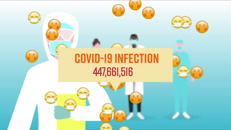 animation of covid 19 infection text over medical staff and falling sick icons