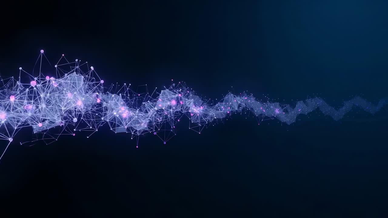 Appearing nodes connecting with lines into pulsing mesh in data space, showing network structure