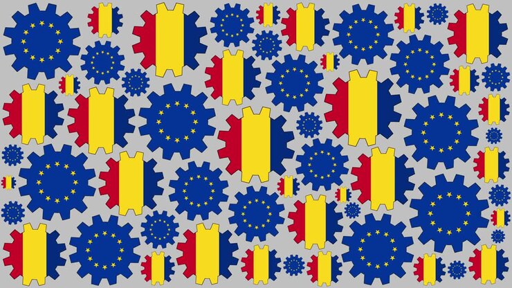 European and romanian flag gears spinning background