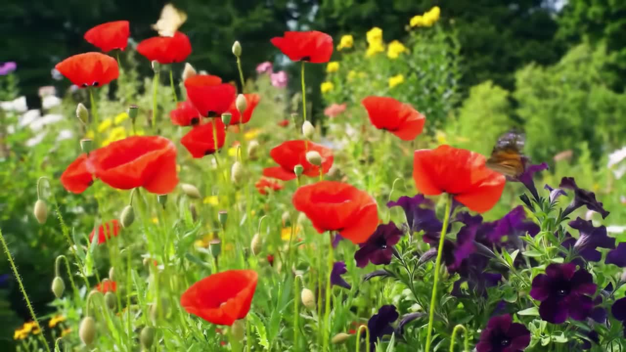 A Vibrant Flower Garden Showcasing an Abundance of Colorful Poppies and Petunias Under a Clear Sky, Perfectly Captured Through the Seasons