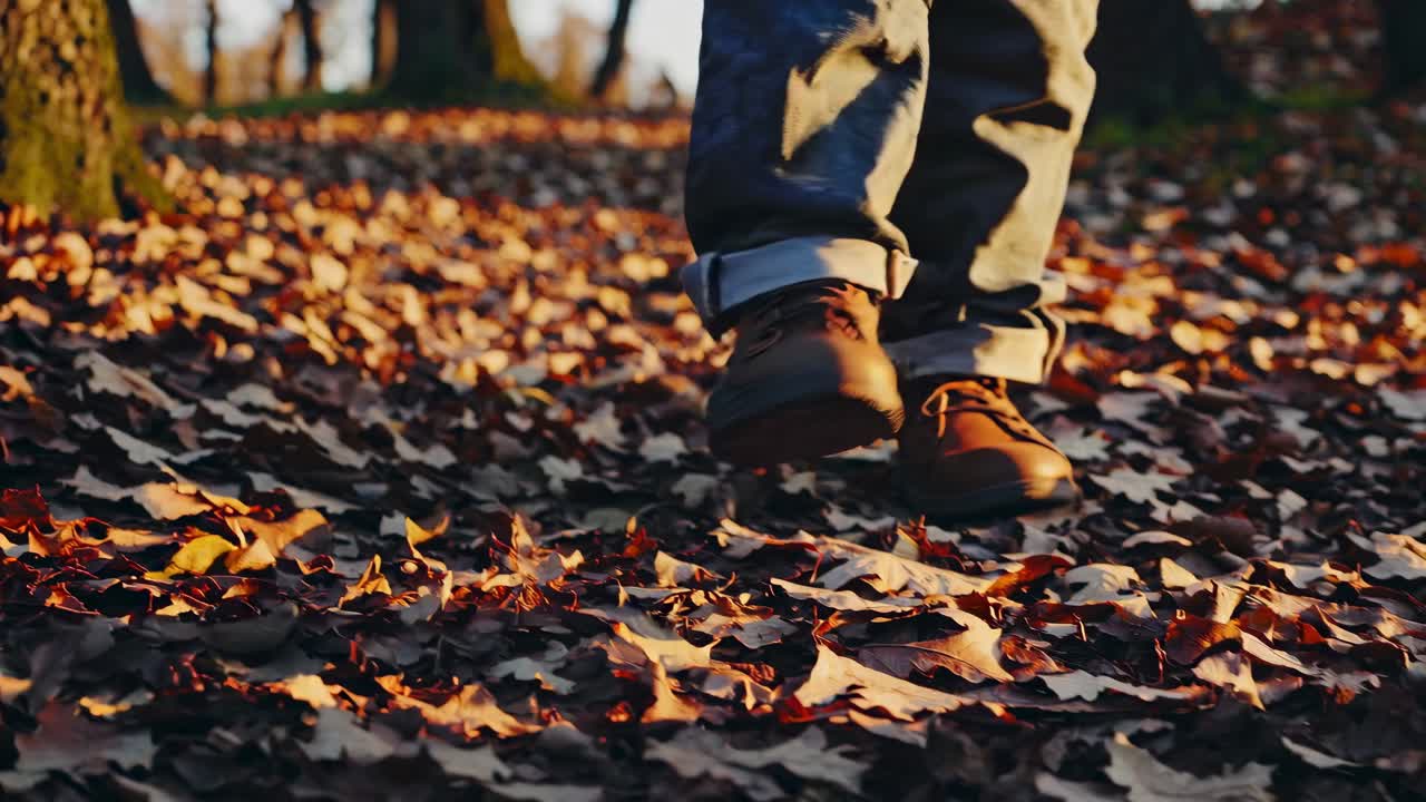 Low-angle video shot of a person walking through autumn leaves, capturing the warm, golden hues