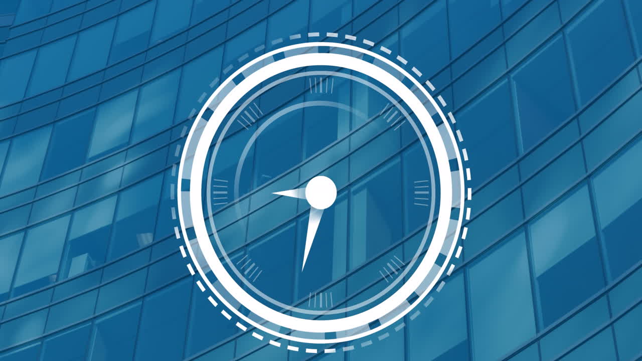 Animation of ticking clock icon against view of tall building