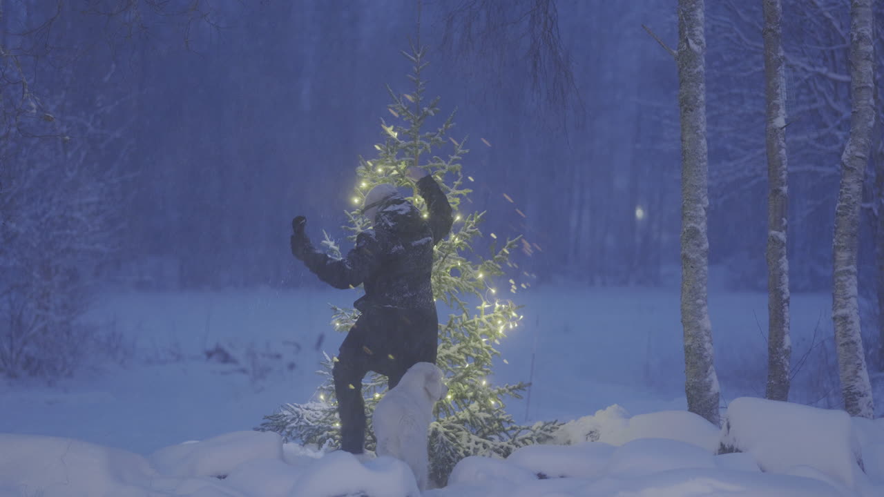 Person with his dog, decorates a tree with Christmas lights outdoor in a snowy