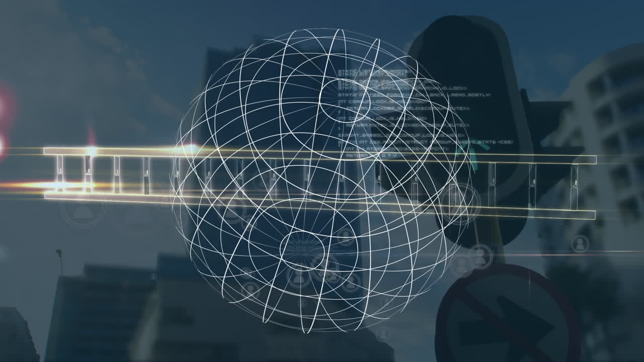 Animation of globe and data processing over traffic light