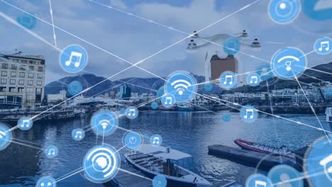 network of digital icons and drone carrying a delivery box against aerial view of the port harbor