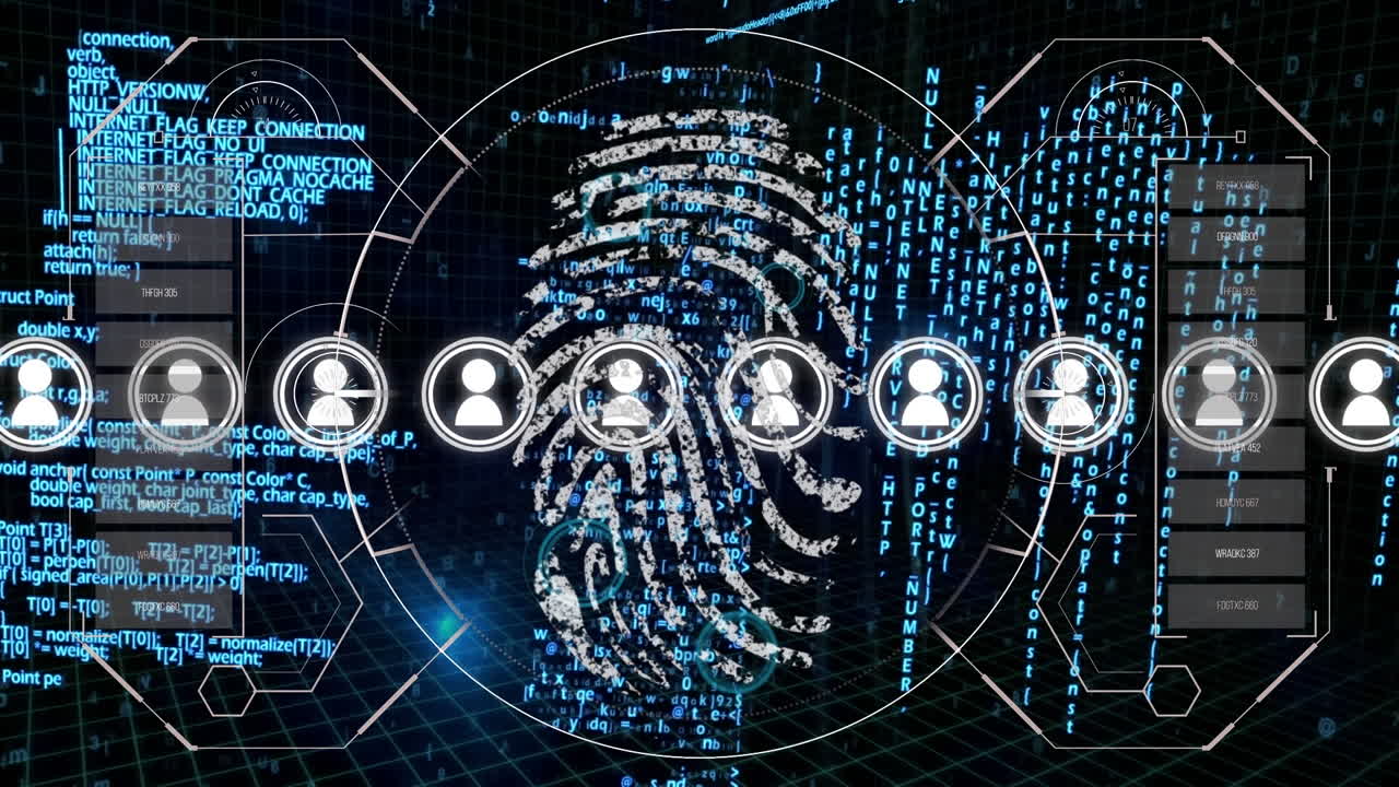 animación de iconos de usuario y huellas dactilares sobre el procesamiento de datos sobre fondo negro