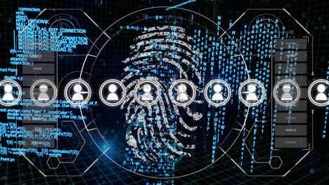 animation of user icons and fingerprint over data processing on black background