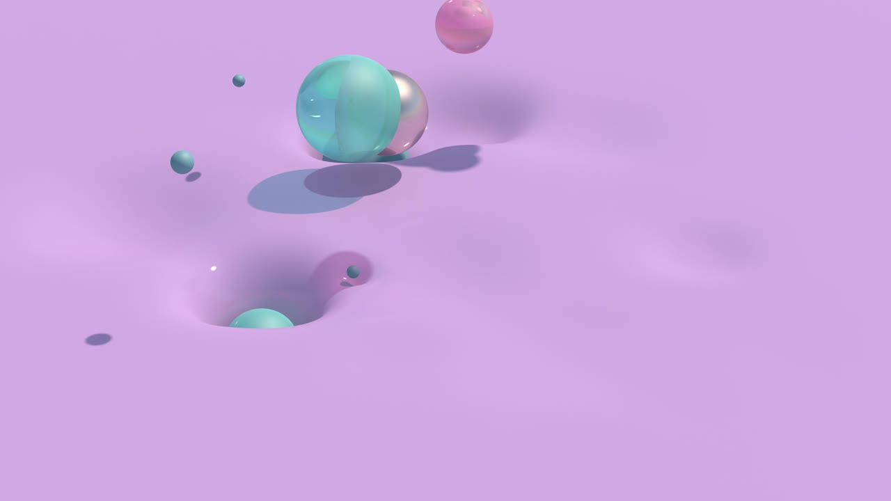 Metallic and glass balls falling. Lilac liquid. Abstract animation, 3d render.