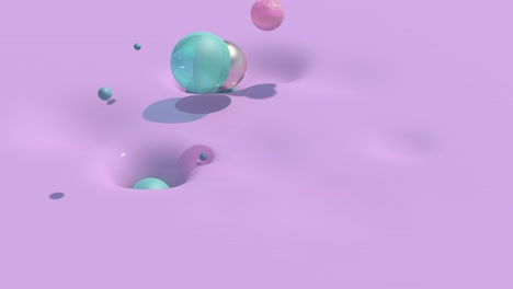 metallic and glass balls falling. lilac liquid. abstract animation, 3d render.