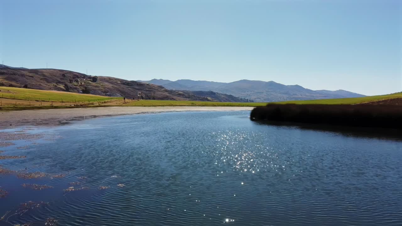 Sweeping aerial of Laguna Wilcacocha calm waters mirroring the Andes mountains
