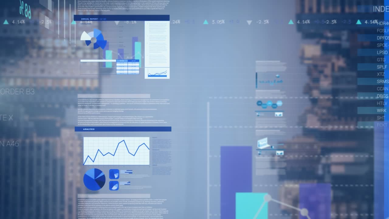 Animation of multiple graphs, loading circles and trading board over modern buildings against sky