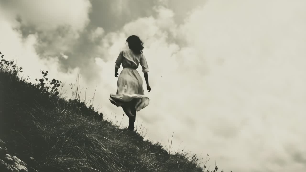 A vintage-style video still of a woman in a flowing dress, captured from a low angle as she ascends