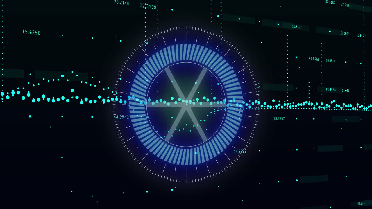 Animation of graphs with changing numbers over rotating wheel in circle on black background