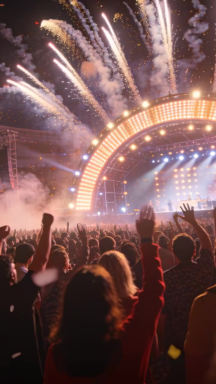 Video verticale: Reazione ai fuochi d'artificio, folla che alza le mani e filma a un concerto all'aperto, arco a LED