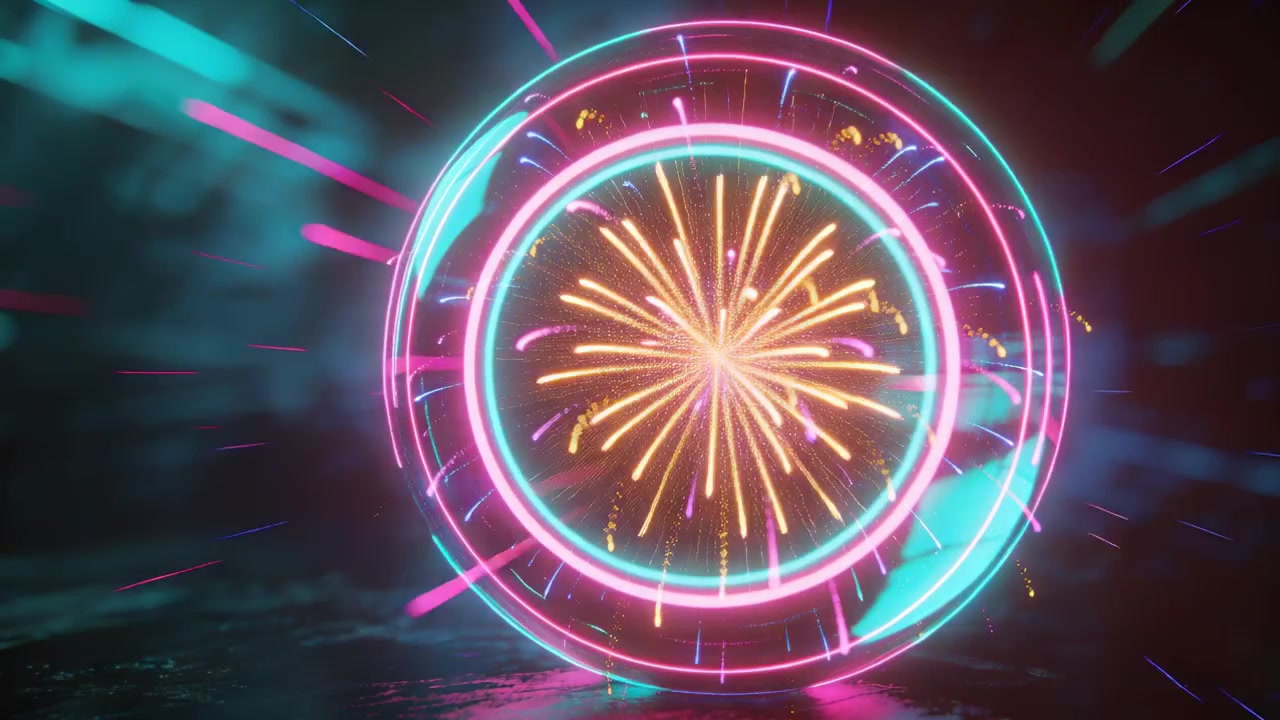 Anelli concentrici al neon pulsanti in studio, scintille che accendono fuochi d'artificio, particelle che cadono per uno spettacolo di luci.
