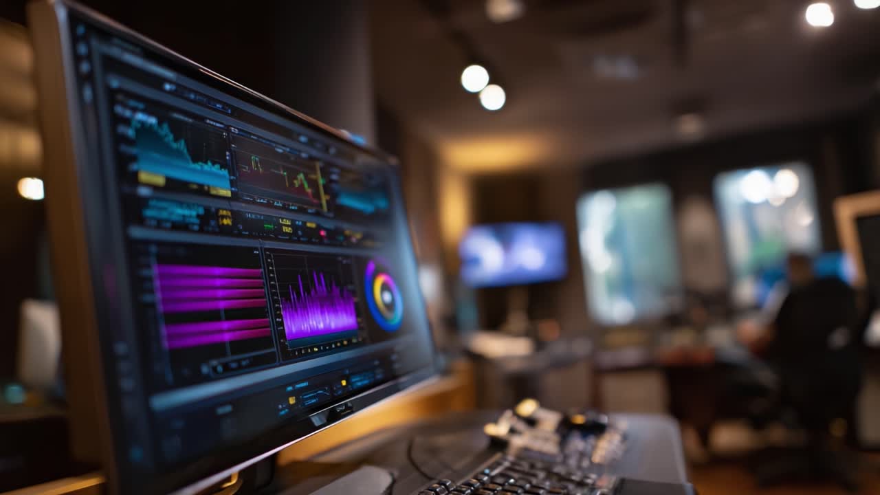 Dynamic Data Visualization: A Close-Up of Analytical Software Interface on a Computer Monitor in a Modern Workspace with Ambient Lighting