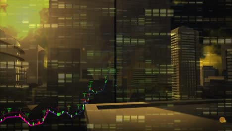 animation of multiple graphs over aerial view of building against sun and cloudy sky