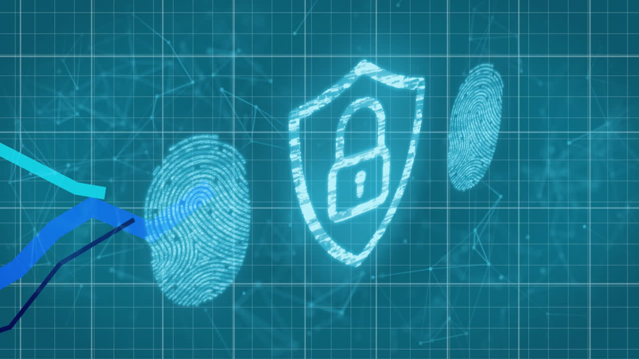 animazione della rete di connessioni sulle impronte digitali e l'icona del lucchetto