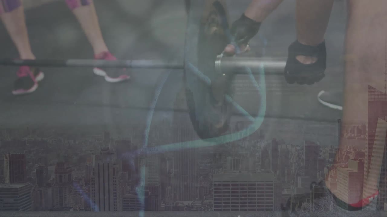 바벨을 조정하는 여성의 손의 애니메이션과 디지털 회전 dna 나선으로 현대 도시 풍경