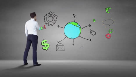 animación de la red de conexiones con iconos y procesamiento de datos sobre empresario caucásico