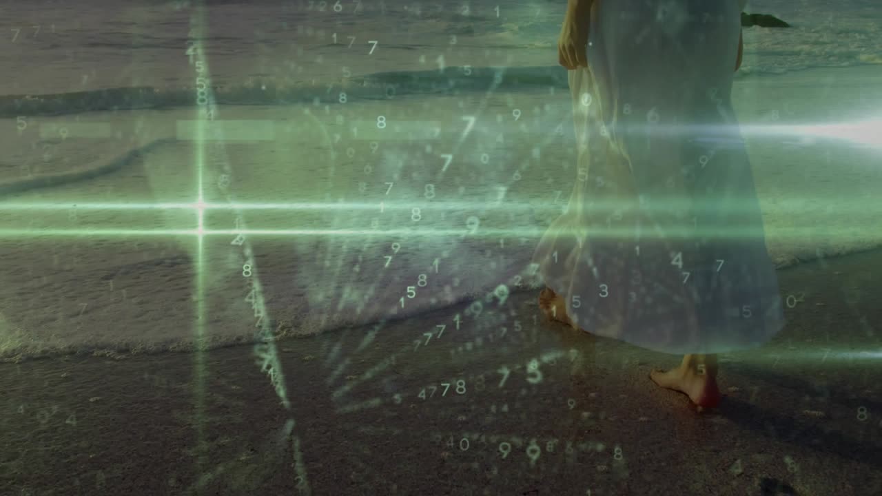 Animation of data processing over caucasian woman at beach