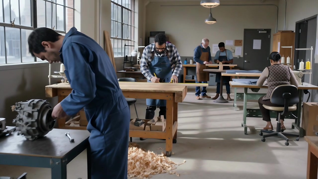 Seeing plank for cutting, measuring carpenter in plaid shirt apron pulling tape measure in workshop