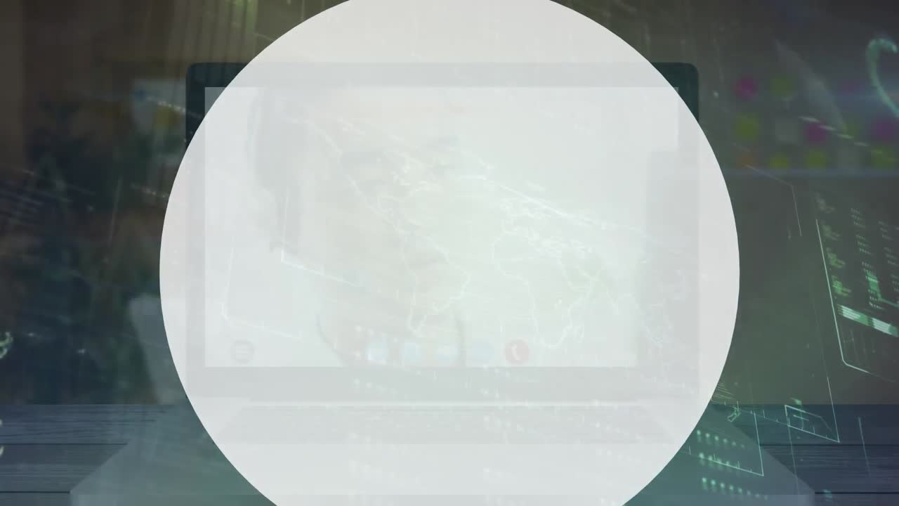 데이터 프로세싱의 애니메이션과 아시아 사업가에 대한 서클 노트북