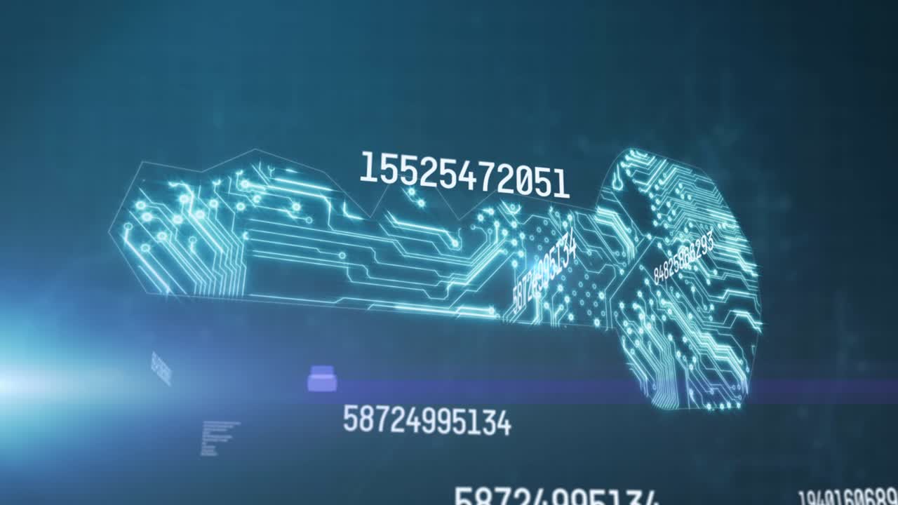 анимация обработки чисел над светящейся платой компьютерной схемы на синем фоне