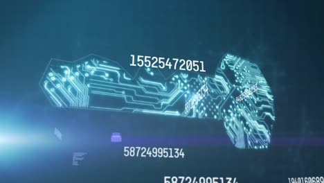 animación de procesamiento de números sobre una placa de circuito de computadora brillante sobre un fondo azul