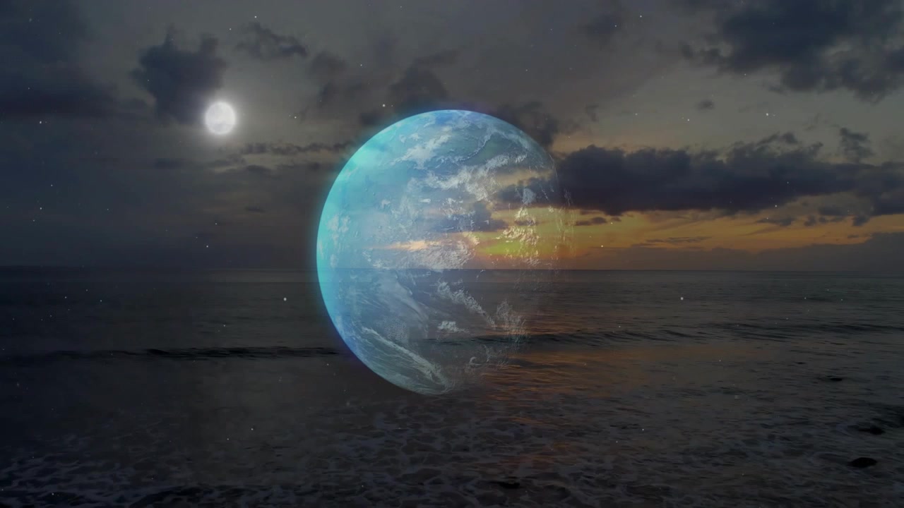 Globe emerging over dusk shore, rotating, sinking, shifting sunset sea shimmer for motion design