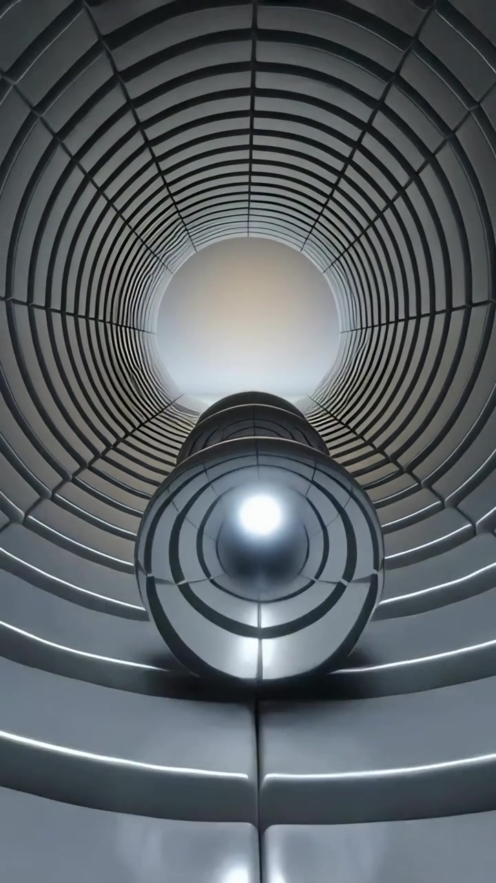 Vertical video: Nudging by warm light, metallic sphere rolling along ribbed tunnel