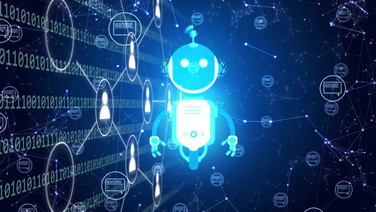 Binary stream sparking blue robot avatar pulsing, linking left users and showing active network