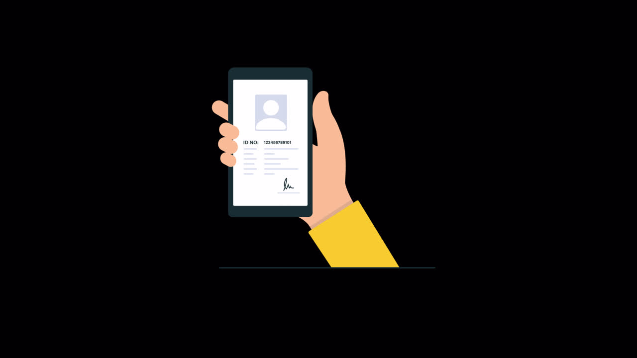 Mano animata che regge uno smartphone che visualizza un'ID digitale