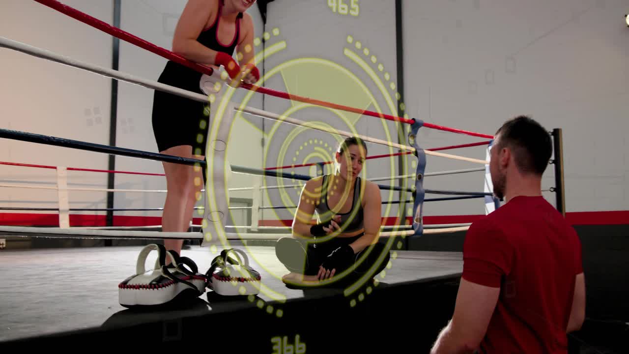 Boxing trainee after bag work stepping to ring training, grabbing water, yellow HUD highlighting