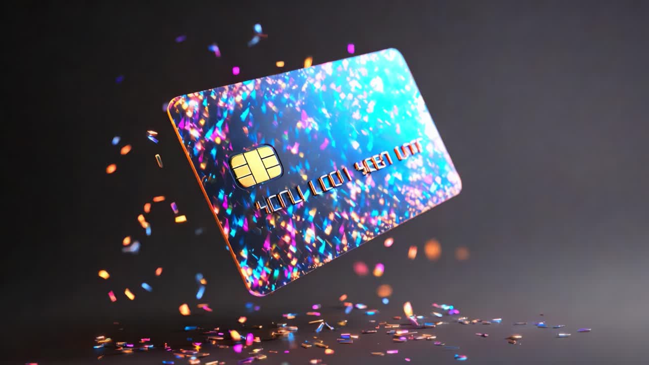 A Glimmering Journey Through Time: The Transformative Appearance of a Futuristic Payment Card with Sparkling Confetti, Showcasing Its Elegant Design and Vibrant Aesthetic in Two Frames