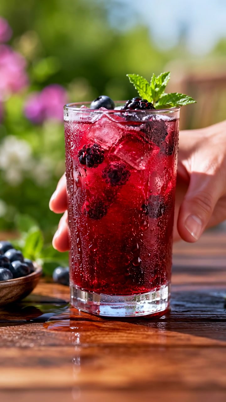 Dita si ritirano dal bicchiere coperto di condensa mentre liquido rosso brillante, frutti di bosco galleggianti e grandi cubetti di ghiaccio rimangono al centro all'aperto accanto a mirtilli sparsi e foglie verdi