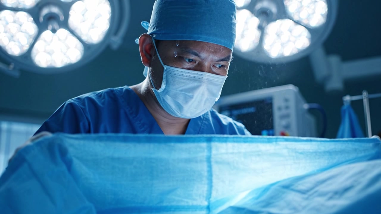 Fokuseret kirurgisk professionel på operationsstuen udfører en præcis procedure med sterile instrumenter og skarpt lys, hvilket sikrer patientpleje og sikkerhed under operationen.