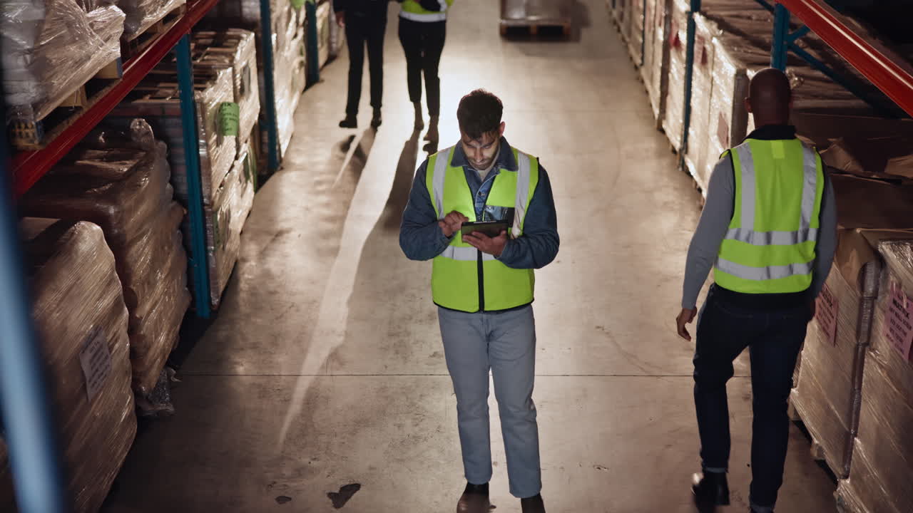 Warehouse workers managing inventory using a tablet