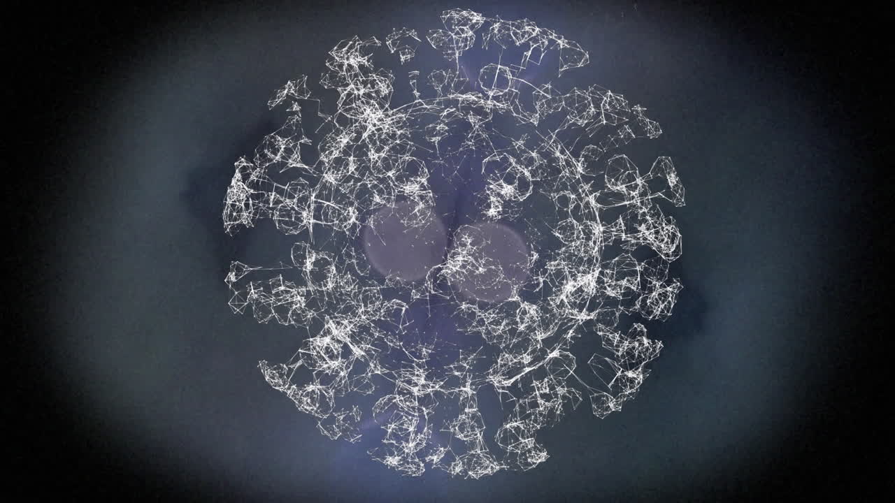 Animazione di una cellula Covid-19 che ruota su più punti luce con una nuvola di fumo sullo sfondo