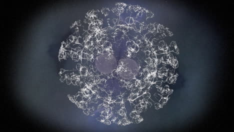 animation of covid 19 cell spinning over multiple spots of light on cloud of smoke in background