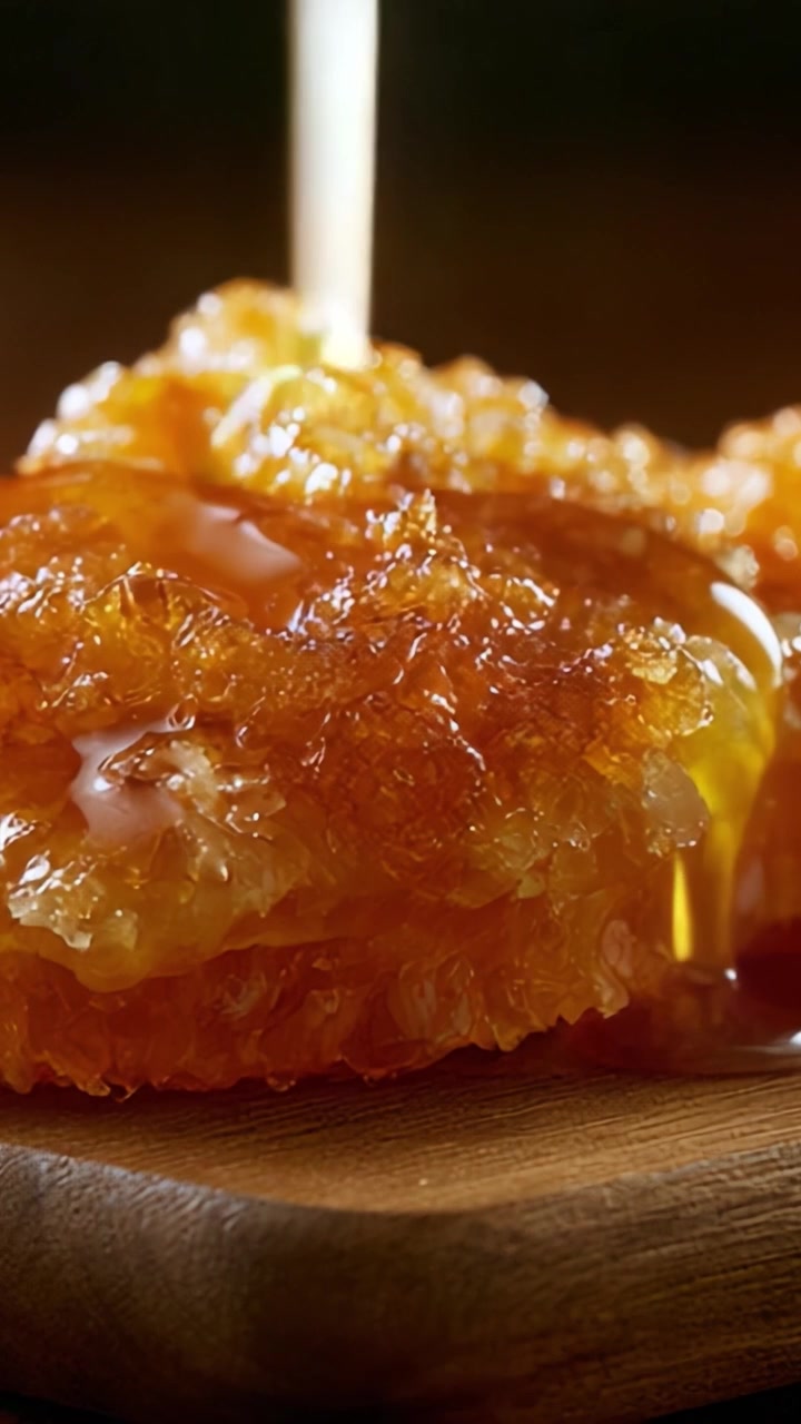 Delizioso favo di miele glassato con nettare dorato catturato in dettaglio: una delizia irresistibile che ne mostra la dolcezza e la consistenza.