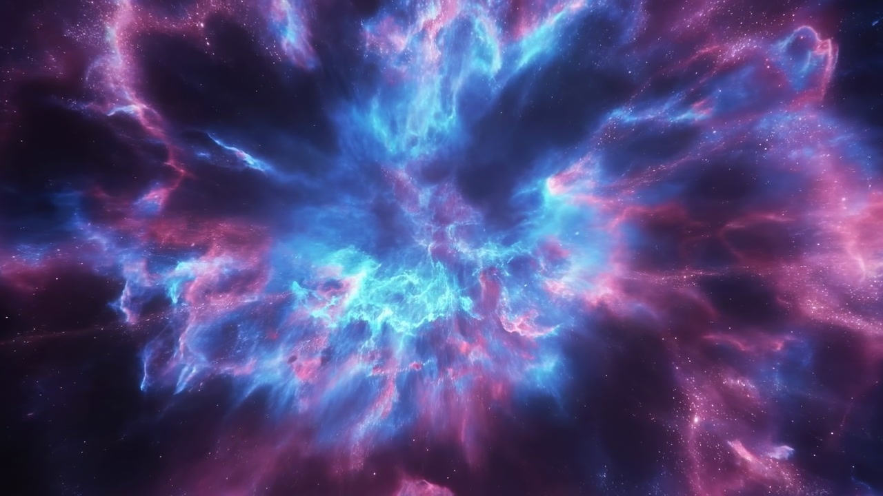 Blue Pink Nebula Cloud Expanding Across Cosmos, Luminous Gas Plumes And Sparkling Stars, Dramatic Motion